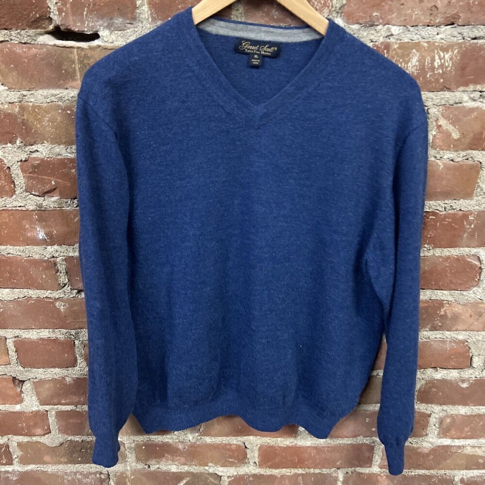 Garret Scott Sweater Mens Pullover Blue V-Neck Extra Fine Merino Wool Size XL